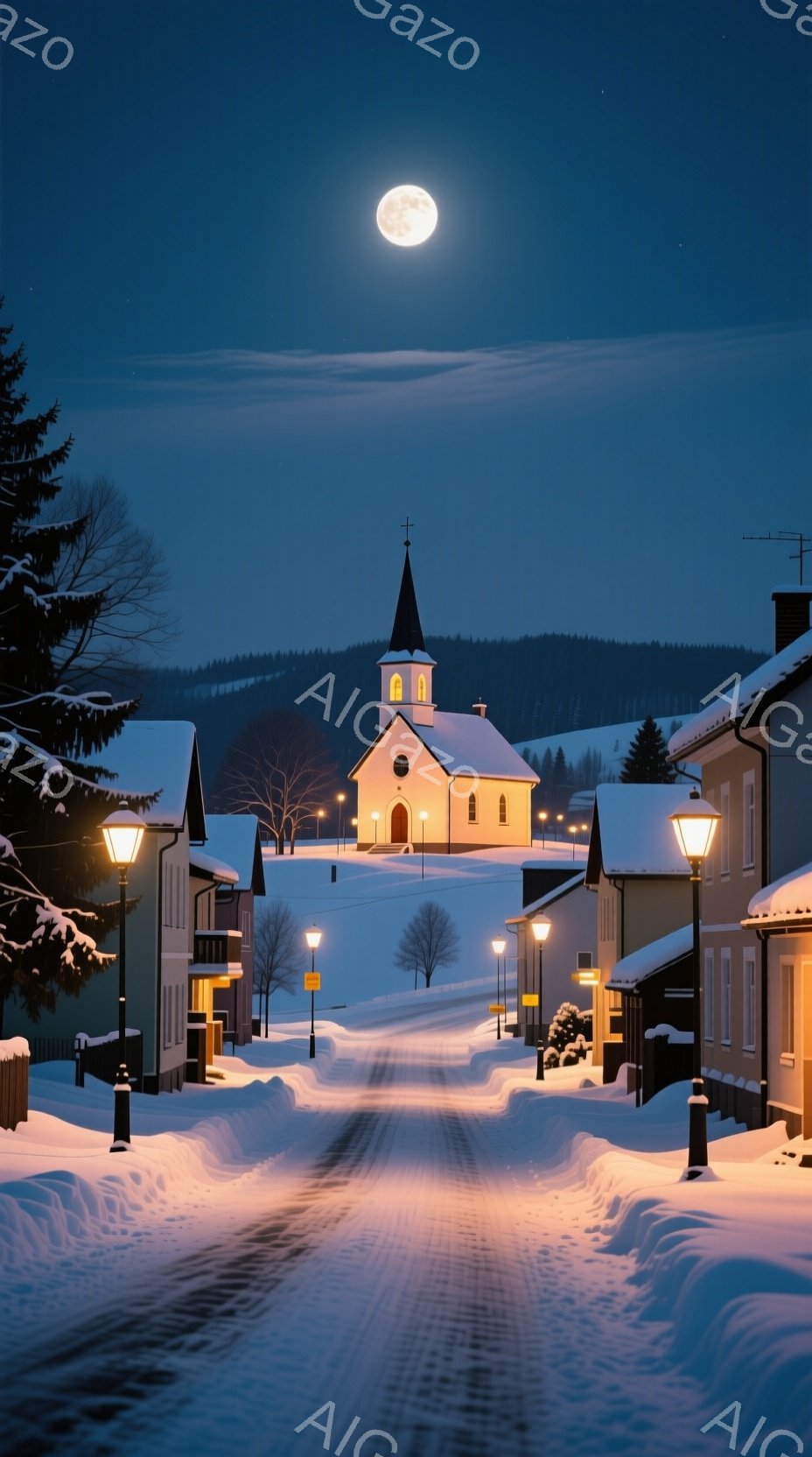 雪に覆われた静かな町並みが、満月の下で照らされています。街路は雪深く、両脇にはガス灯が灯り、暖かな光を放っています。遠くには白い教会の尖塔がそびえ立ち、周囲の暗い木々とのコントラストが美しい冬の夜の風 - AI生成フリー素材
