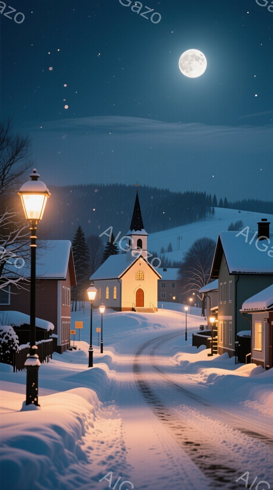 雪に覆われた静かな村の風景で、中央に白い教会が建っている。道は雪で覆われ、両脇には街灯が灯り、暖かく柔らかな光を投げかけている。遠くには暗い森が広がり、空には満月が輝き、幻想的で穏やかな冬の夜の雰囲気を醸し出している。