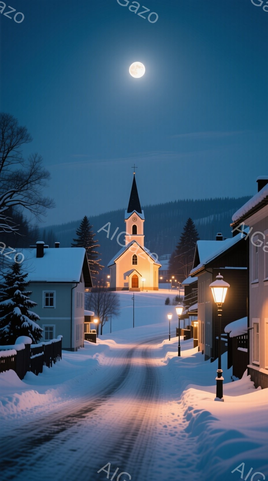 雪に覆われた静かな村の風景で、中央にはライトアップされた白い教会が建っている。道の両側には雪化粧した家々が並び、遠くには暗いシルエットの山々が広がる。満月が空に輝き、凍てつくような冬の夜の穏やかで幻想 - AI生成フリー素材