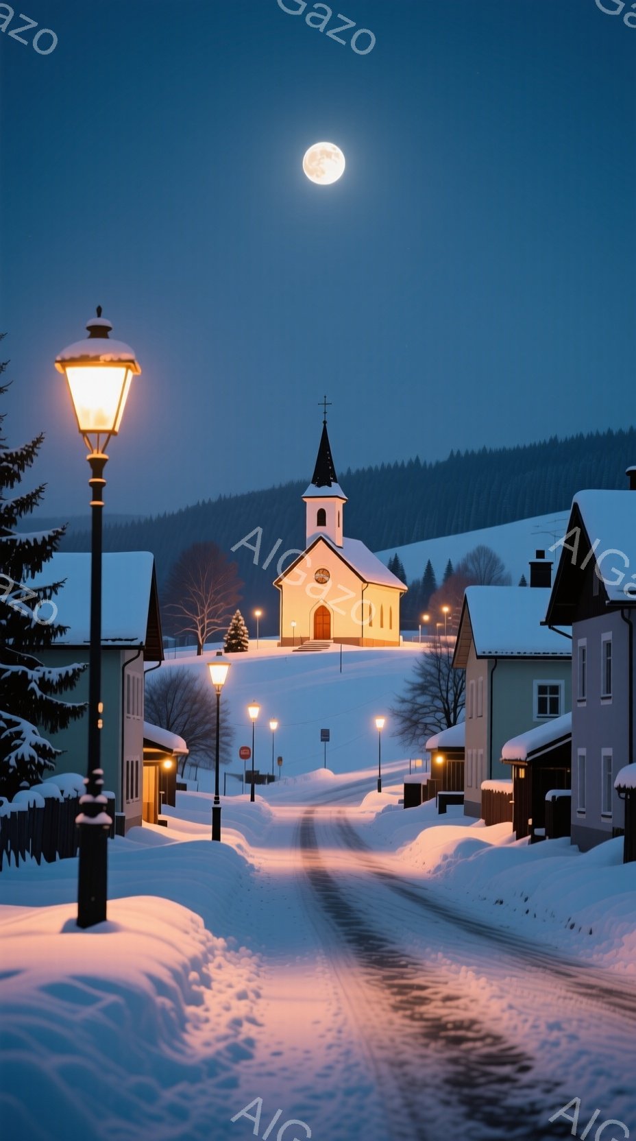 雪深い村の風景が広がり、中央には白い壁の教会がそびえ立っている。道路は雪に覆われ、街灯が暖かく光を灯し、周囲の家々は雪化粧をまとい、静寂で平和な雰囲気を醸し出している。遠くの丘は暗くシルエットとなり、背景に広がる冬の夜空には満月が輝き、幻想的な光景を作り出している。