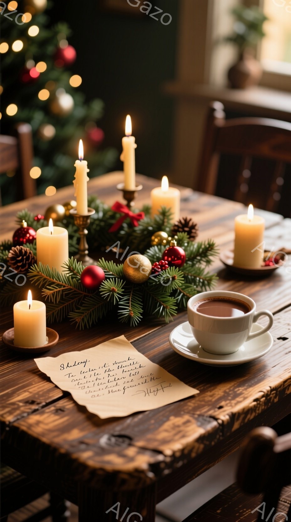 古い木製のテーブルの上に、クリスマスの飾り付けと灯されたキャンドルが並べられています。背景にはぼやけたクリスマスツリーの光が見え、温かみのある雰囲気を醸し出しています。テーブルの隅には、湯気の立つコー - AI生成フリー素材