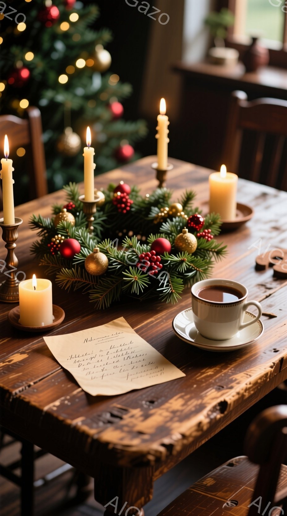 温かい光に包まれた木製のテーブルが写っており、キャンドル、クリスマスの飾り、そして温かい飲み物が並べられています。テーブルの上には、手書きの紙と、少し飲みかけのカップが置かれ、冬の静寂と温かさを感じさせます。背景にはぼやけたクリスマスツリーが見え、心地よい家庭的な雰囲気を醸し出しています。