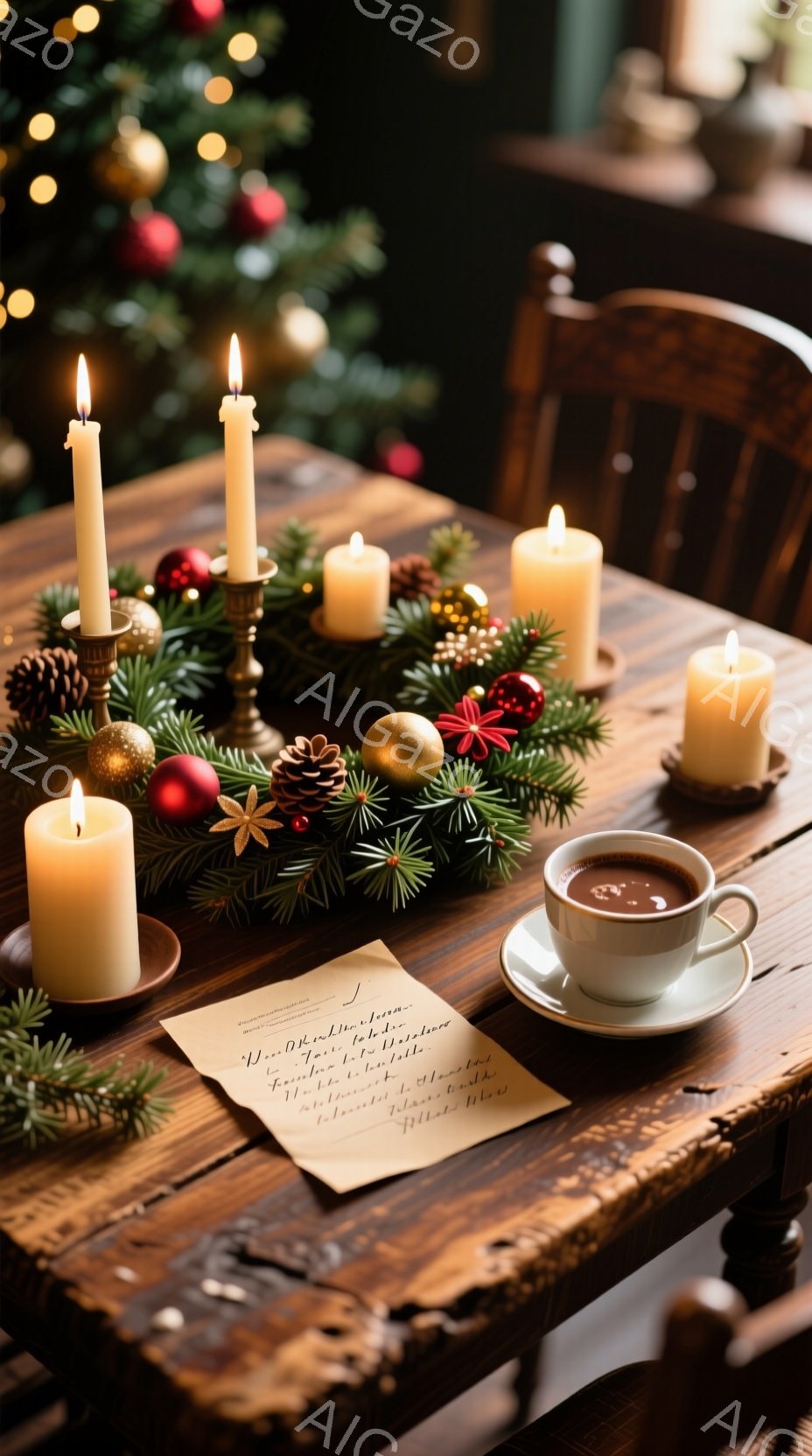 古びた木のテーブルの上に、クリスマスの飾りとキャンドルが並べられています。手紙とコーヒーカップも置かれ、温かみのある光が全体を包み込んでいます。背景にはぼやけたクリスマスツリーが見え、静かで落ち着いたクリスマスの雰囲気が漂っています。