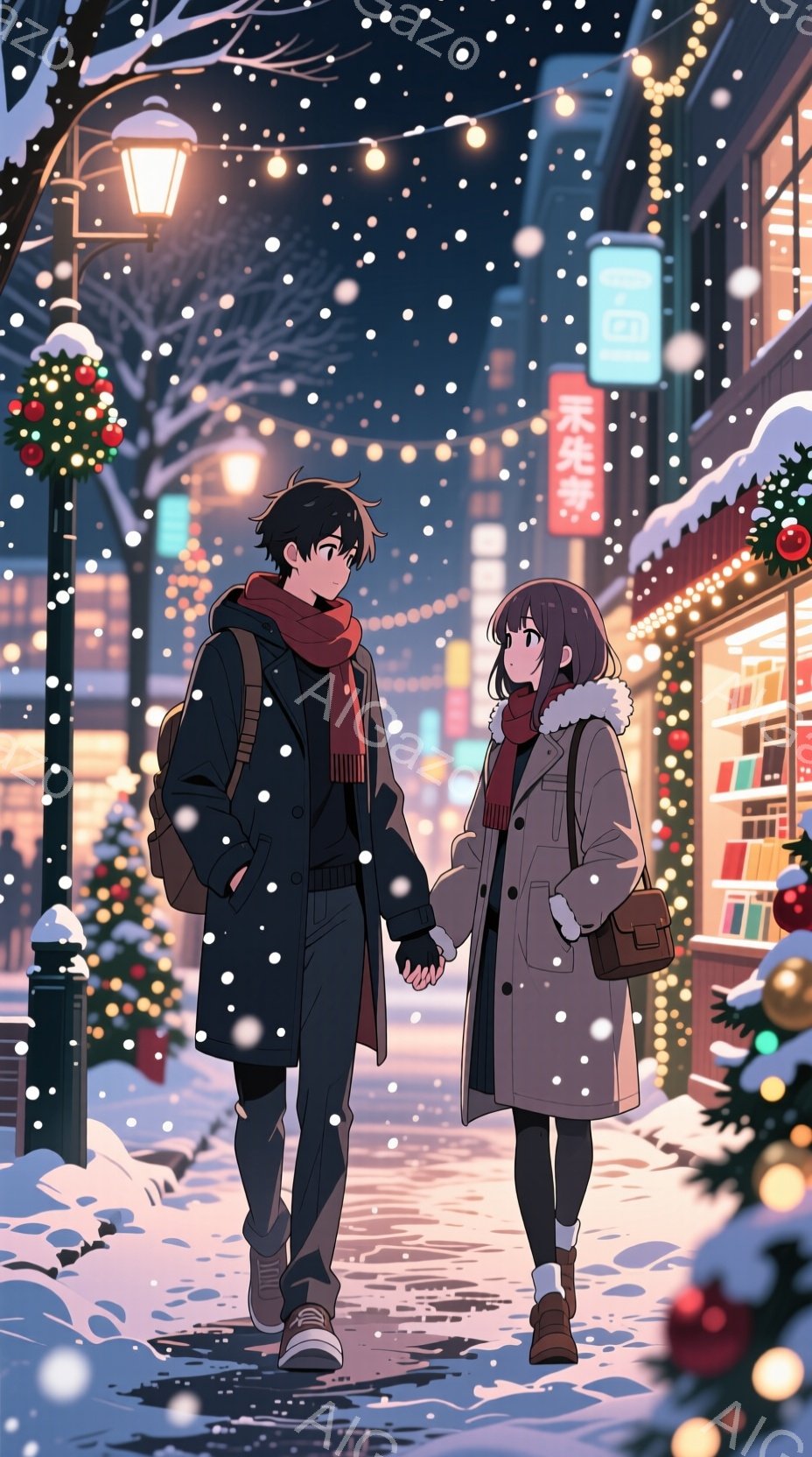 雪が降り積もる夜の街を、若い男女が手をつないで歩いている。男性は黒いコートに赤いマフラーを巻き、肩にリュックサックを背負い、女性はベージュのコートに茶色のバッグを肩にかけ、少し微笑んでいる。背景にはク - AI生成フリー素材