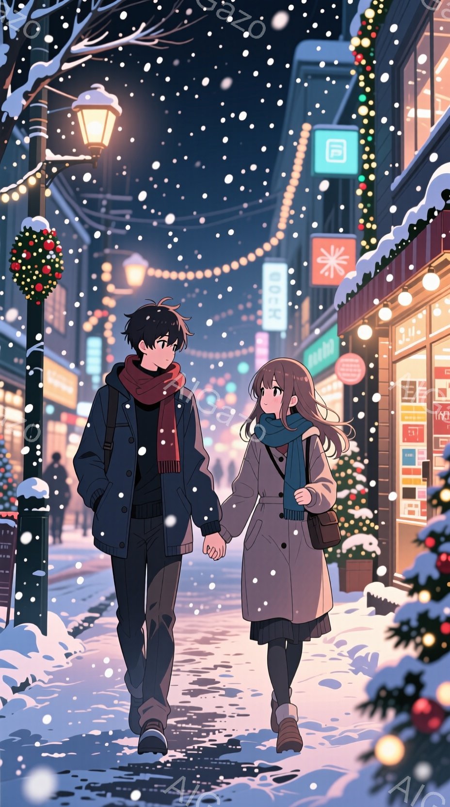 街並みを歩く男女が描かれています。男性は黒髪で、黒いコートに赤いマフラーを巻き、女性は茶髪で、ベージュのコートに青いマフラーを巻いています。背景には、クリスマスイルミネーションが輝く建物や雪が降る夜の - AI生成フリー素材