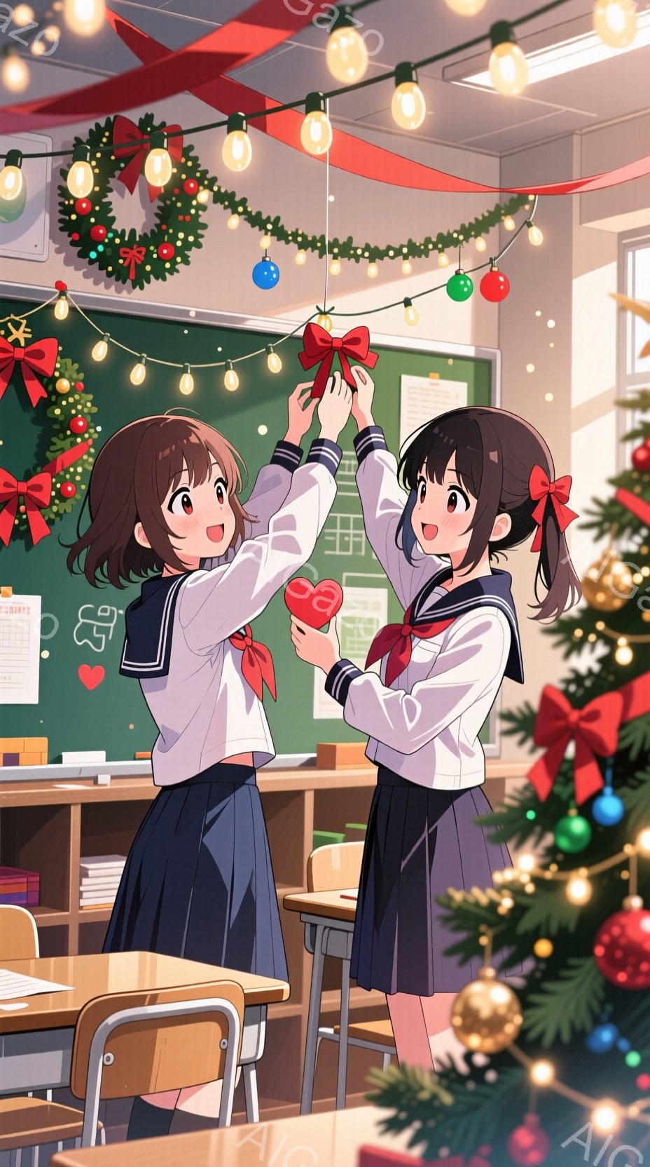 教室で二人の女子高生がクリスマス飾り付けをしている様子が描かれています。制服姿で、一人は茶髪のボブヘア、もう一人は黒髪のポニーテールで、どちらも笑顔で赤いオーナメントを取り付けようとしています。教室にはクリスマスツリーや電飾、リースが飾られ、温かく華やかなクリスマスの雰囲気が漂っています。