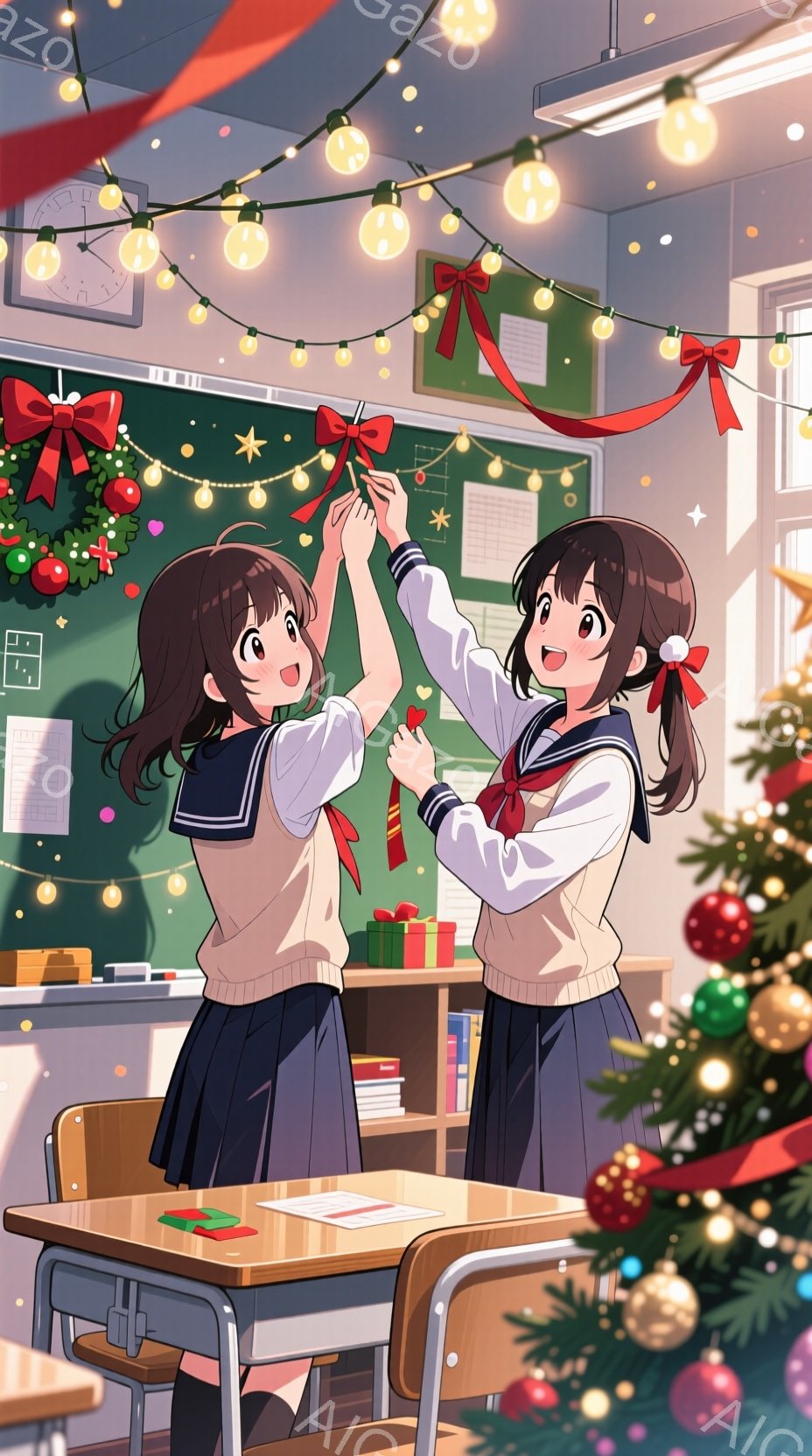 教室で二人の女子高生がクリスマス飾り付けをしている様子が描かれています。紺色のブレザーに白いセーター、チェックのスカートという制服姿で、髪は茶色でポニーテールに結ばれており、楽しそうな笑顔を浮かべています。教室にはクリスマスツリーやプレゼントの箱が置かれ、天井には電飾とリボンが飾られており、明るく暖かいクリスマスの雰囲気が漂っています。