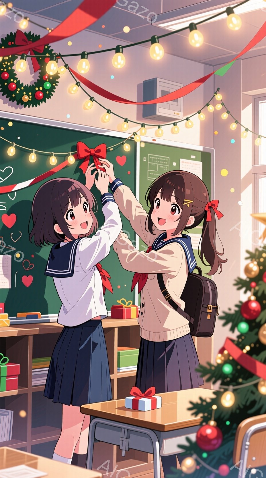 制服姿の二人の少女が教室でクリスマスデコレーションを楽しんでいる様子が描かれています。彼女たちはクリスマスの飾り付けを頭上に吊るし、笑顔で協力し合っています。教室にはクリスマスツリーやプレゼントの箱が置かれ、暖かく、お祝いの雰囲気に満ちています。