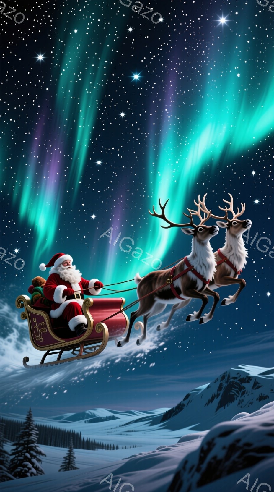 サンタクロースは、赤い衣装を着て、そりに乗って空を飛んでいます。そりは2頭のトナカイに引かれ、トナカイは力強く疾走しています。背景には雪に覆われた山々と、オーロラのような幻想的な光が広がり、クリスマスの魔法のような雰囲気を醸し出しています。