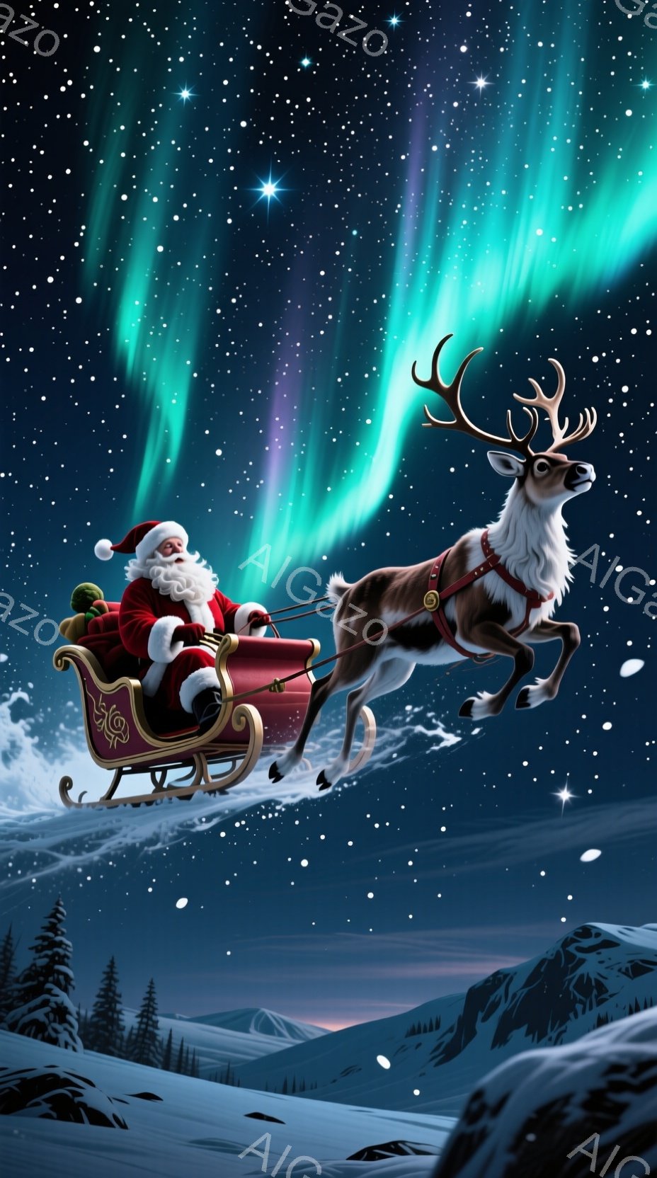 サンタクロースがソリに乗って空を飛んでいる様子が描かれています。彼は赤い衣装と白い髭、そしてふさふさとした白い髪で、笑顔を見せています。背景には雪に覆われた山々と、オーロラのような美しい光が広がり、幻想的で暖かく、お祝いムードに満ちた雰囲気が漂っています。