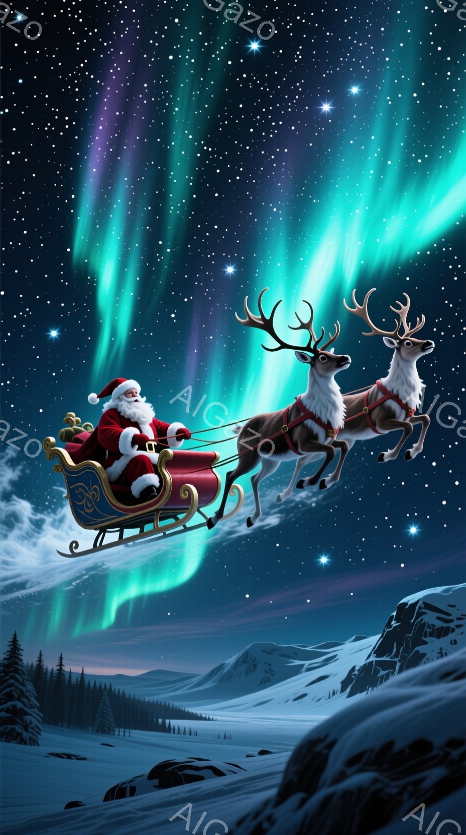サンタクロースがそりに乗って夜空を飛んでいる様子が描かれています。彼は伝統的な赤い衣装を身につけ、白いひげを蓄えており、楽しそうな表情をしています。背景には雪に覆われた山々、暗い森林、そしてオーロラが広がり、幻想的で祝祭的な雰囲気を醸し出しています。