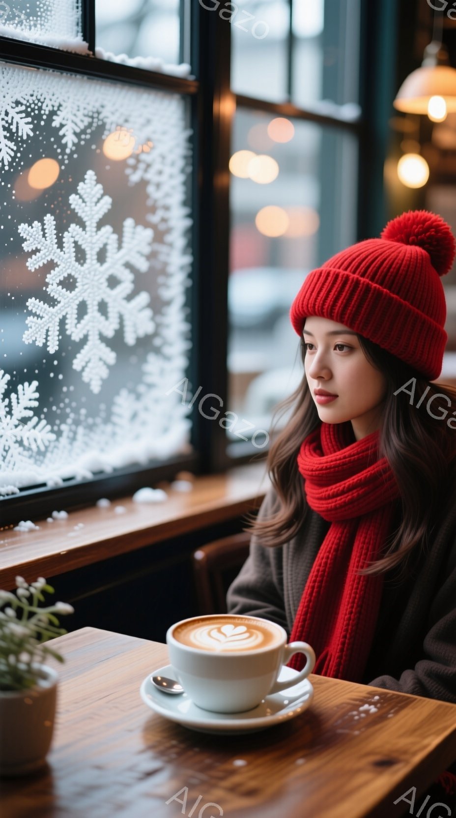 赤いニット帽とスカーフを身につけた女性が、窓の外を物憂げに見つめています。彼女は茶色の髪を肩まで伸ばし、穏やかで少し寂しげな表情をしています。窓には雪の結晶が描かれ、テーブルの上にはラテアートが施され - AI生成フリー素材