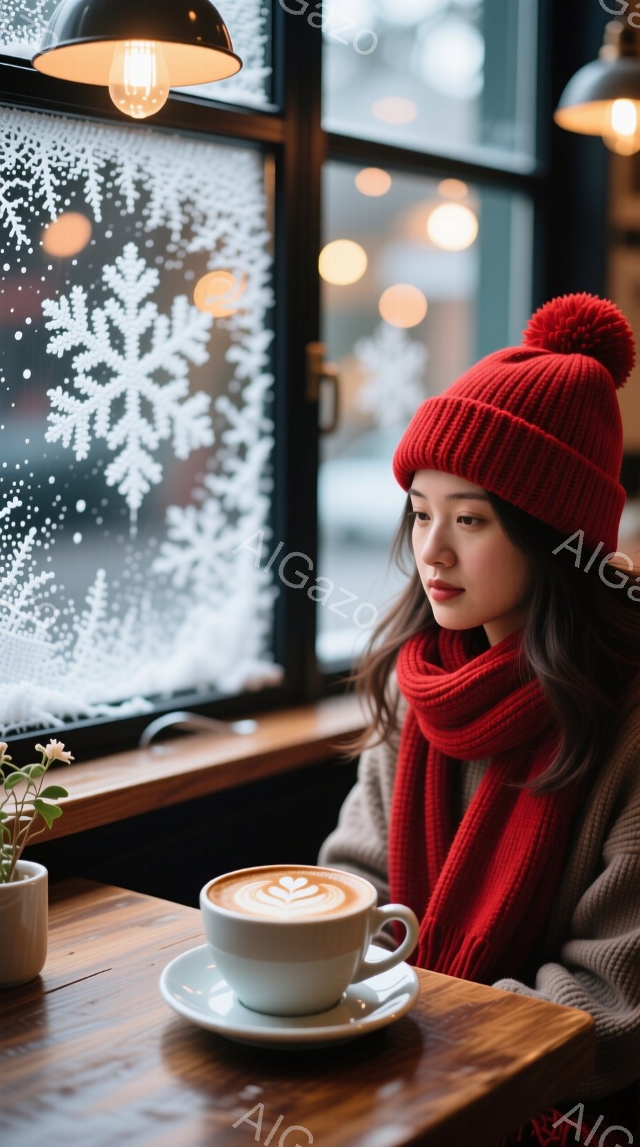赤いニット帽とマフラーを身につけた女性が、窓際でコーヒーを眺めています。彼女はベージュのコートを着ており、少し物憂げな表情で遠くを見つめています。背景には雪の結晶が描かれた窓と、ぼんやりとした街の灯り - AI生成フリー素材
