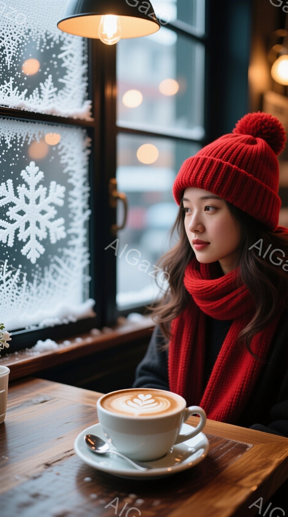 赤いニット帽とマフラーを身に着けた女性が、窓の外を物憂げに見つめている。窓には雪の結晶の模様が描かれており、室内には暖かい光が差し込んでいる。木製のテーブルの上には、ラテアートが施されたコーヒーカップ - AI生成フリー素材