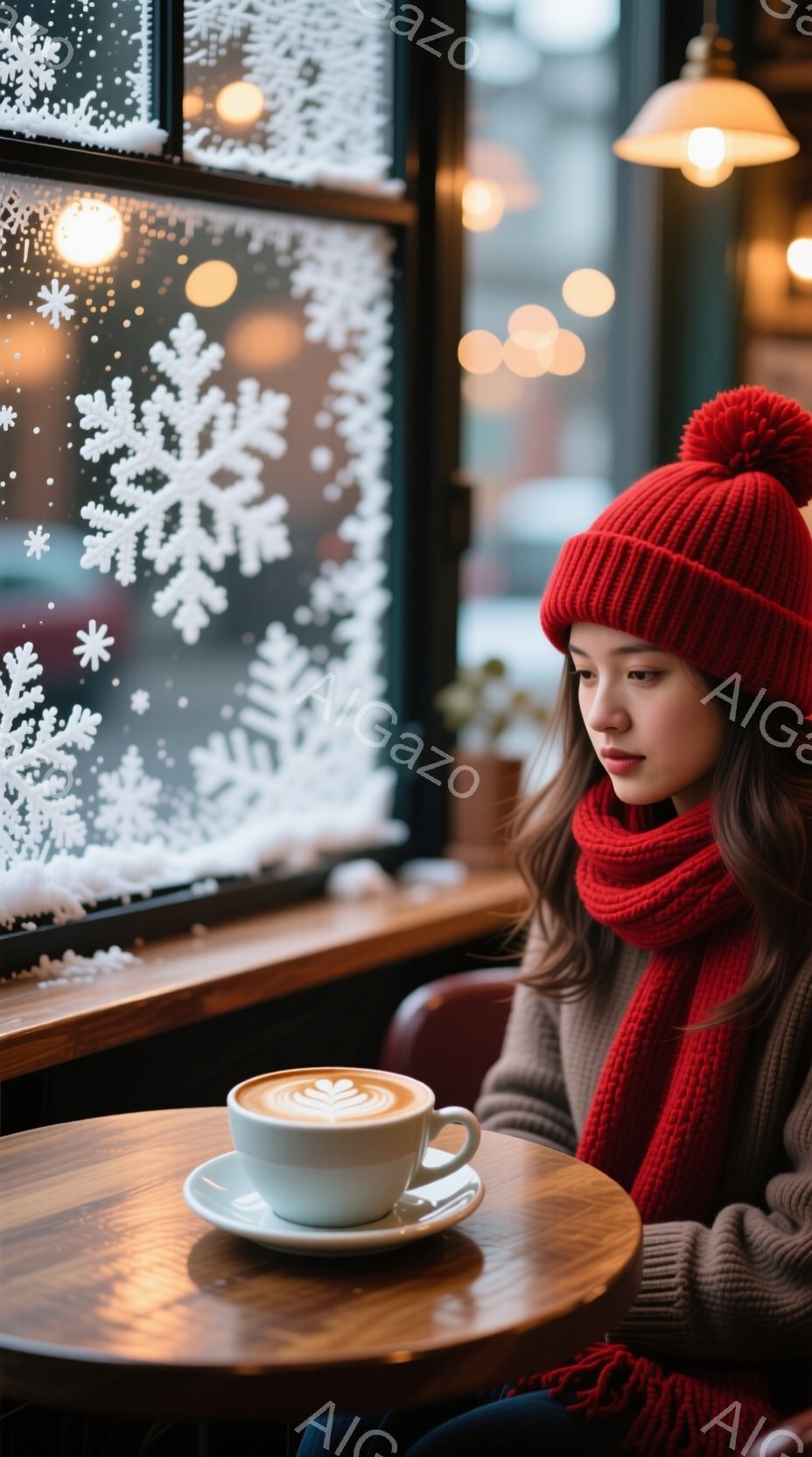 赤いニット帽とマフラーを身につけた女性が、窓際の丸いテーブルに座って何かを考えているようです。彼女はベージュ色のセーターを着ており、表情はやや物憂げで、どこか遠くを見つめている様子です。背景には雪の結晶の模様が描かれた窓と、ぼんやりとした街並みが見え、温かい雰囲気の中で静かな時間が流れているように感じられます。