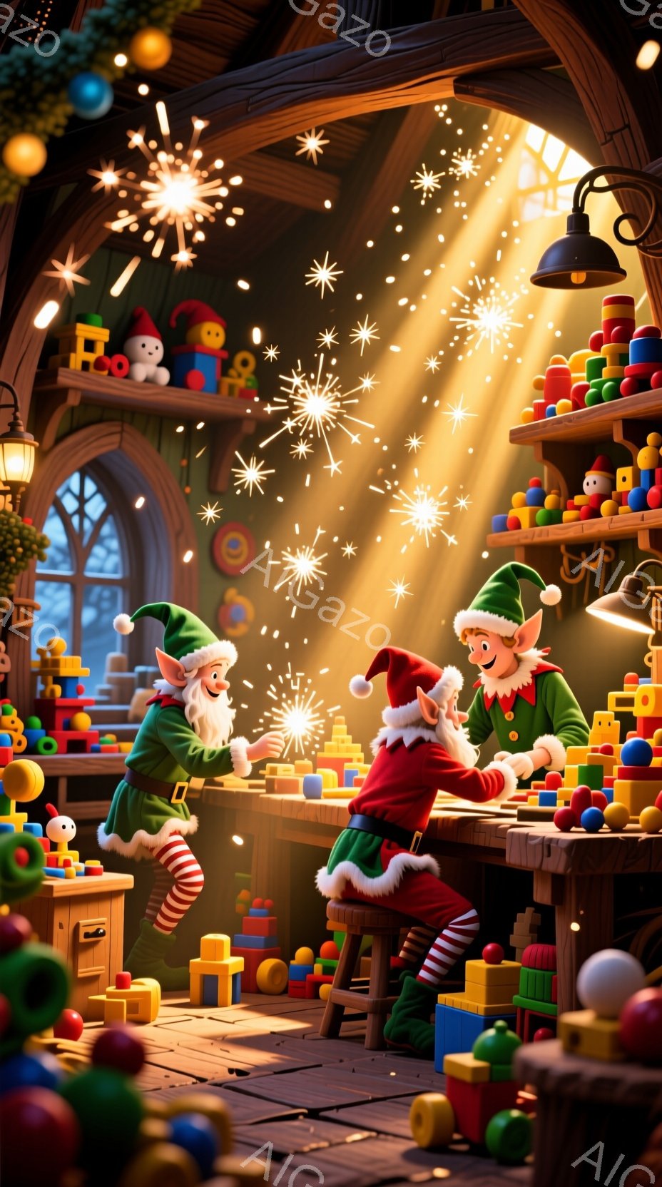 暖炉の明かりが照らすおもちゃ作りの工房で、３人のエルフが忙しそうに働いている。緑の帽子と赤い衣装を着たエルフたちは、笑顔で積み木を組み立てたり、おもちゃの仕上げを行ったりしている。背景には、完成したおもちゃでいっぱいの棚が並び、窓の外には雪景色が見え、クリスマスの温かく、活気のある雰囲気が漂っている。