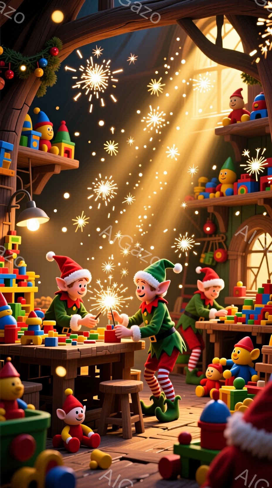 複数のエルフが、おもちゃの工房の中でクリスマスのおもちゃを作っています。彼らは緑色の衣装と赤い帽子を被り、楽しそうな表情で花火を扱っています。背景には、積み上げられたおもちゃや木製の作業台があり、暖かく明るいクリスマスの雰囲気を醸し出しています。