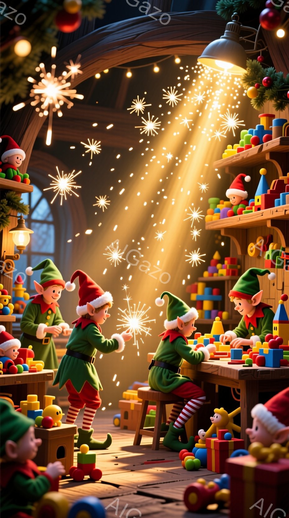 小さなエルフたちが、おもちゃ作りの作業場で忙しそうに働いている様子が描かれている。彼らは緑色の服と赤い縞模様の靴下を身に着け、赤い帽子をかぶっており、おもちゃの木材を削ったり、組み立てたりしている。背景には積み上げられたおもちゃや工具が並び、暖かく、活気のあるクリスマスの準備の雰囲気が漂っている。