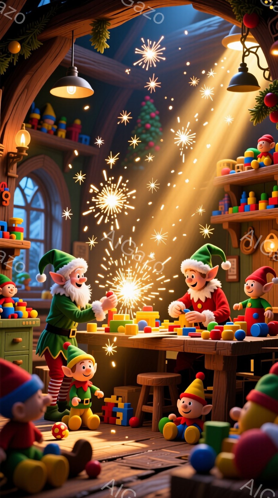 小さな妖精たちが、木製の玩具工場で忙しく働いている様子が描かれています。緑色の帽子と赤い衣装を身につけ、笑顔で木製のブロックを積み重ねたり、玩具を作ったりしています。背景には、積み上げられた玩具や工具、そしてクリスマスツリーが飾られた暖かい工房の内部が広がっており、全体的に楽しげでクリスマスの雰囲気が漂っています。