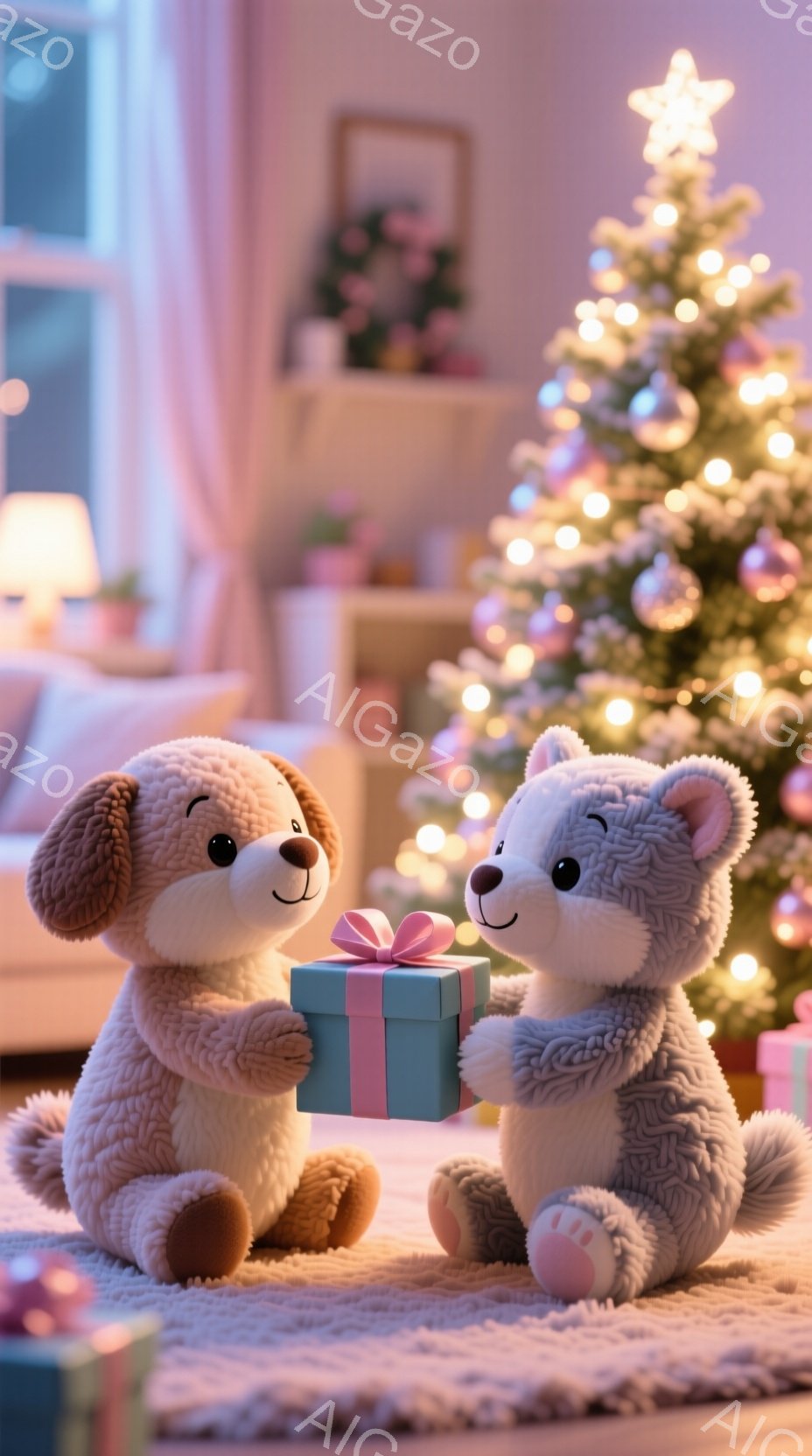 ぬいぐるみである犬とクマが、プレゼントを交換し合っている様子が描かれています。背景には、きらめくオーナメントで飾られたクリスマスツリーと、柔らかいピンク色の背景が見え、温かく幸せな雰囲気が漂っています。プレゼントは水色のリボンで飾られており、ぬいぐるみたちは互いに微笑み合い、優しい眼差しを交わしています。