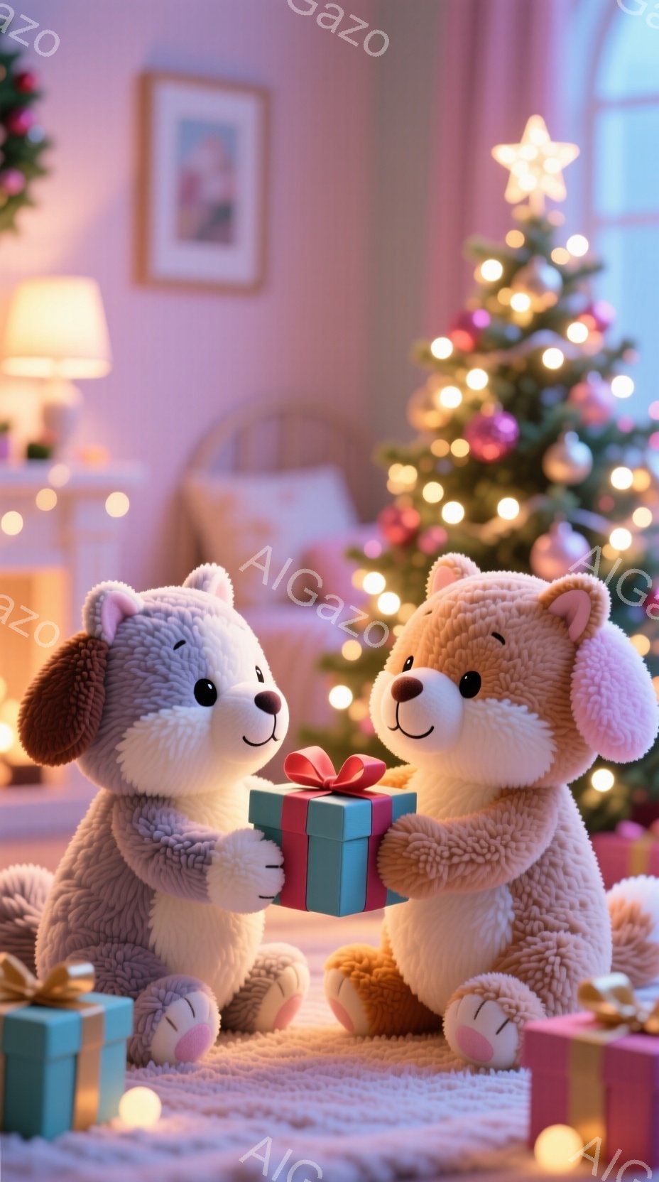 ふわふわしたテディベアの犬と猫が、ターコイズブルーのリボンで結ばれたプレゼントを交換しています。背景には、明るく輝くクリスマスツリーと、暖炉のある居間が見え、温かく穏やかな雰囲気が漂っています。プレゼントは、ピンク、ブルー、ゴールドのラッピングで、床に置かれたふわふわのラグの上に並んでいます。