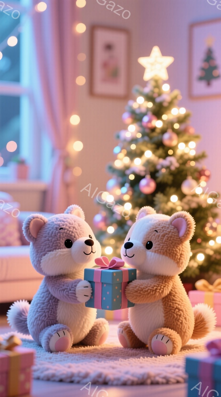 ふわふわのテディベアが2匹、クリスマスのプレゼントを共有しています。彼らはピンクのカーペットの上に座り、お互いに顔を見合わせて微笑んでいます。背景には、輝く電飾とオーナメントで飾られたクリスマスツリーがあり、暖かく、お祝いの雰囲気を醸し出しています。