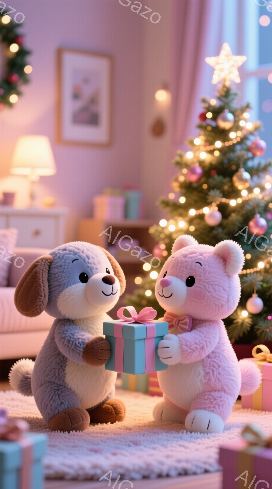 柔らかい毛並みの犬のぬいぐるみとクマのぬいぐるみが、水色のリボンで結ばれたプレゼントを正面に向けて持っています。背景には、飾り付けられたクリスマスツリーと、様々なプレゼントの箱が見え、暖かく優しい雰囲気です。部屋全体が柔らかい光に包まれ、クリスマスの温かさと幸福感が伝わってきます。