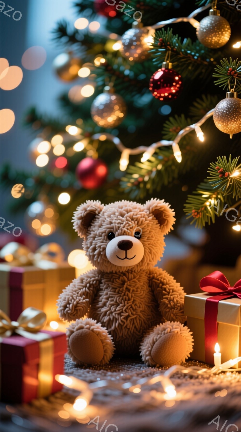 ふわふわのテディベアが、クリスマスツリーの足元に置かれたプレゼントの山の上に座っています。背景には、暖色系の光で飾られたクリスマスツリーがぼやけており、プレゼントには赤いリボンが付いています。全体的に - AI生成フリー素材