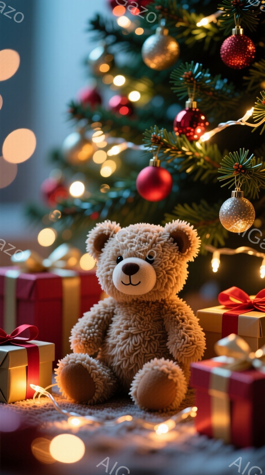暖炉の前に置かれたふわふわのテディベアが、赤いリボンで飾られたプレゼントの山に囲まれています。背景には、様々な色のオーナメントで飾られたクリスマスツリーがぼんやりと見え、暖かく幻想的な雰囲気を醸し出し - AI生成フリー素材
