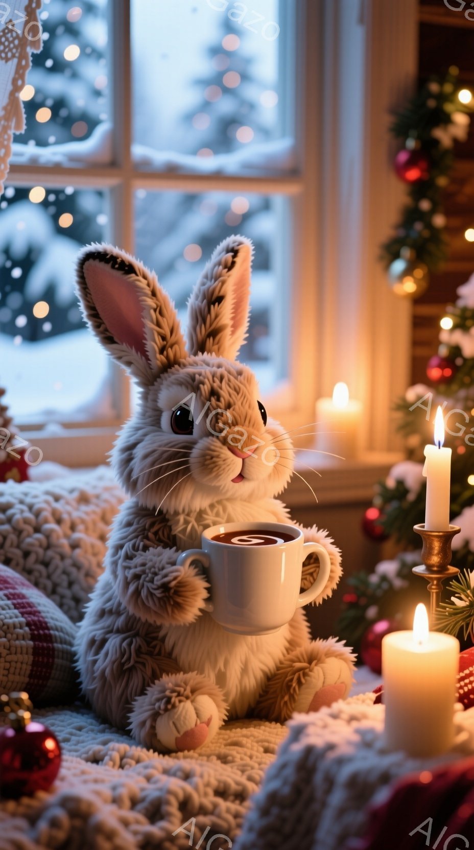 ふわふわの毛並みの茶色のウサギが、白いカップに入った温かい飲み物を両手で抱えています。背景には、雪が降る森が見える窓と、クリスマスツリー、そして灯されたキャンドルがあり、温かく居心地の良い雰囲気を醸し - AI生成フリー素材