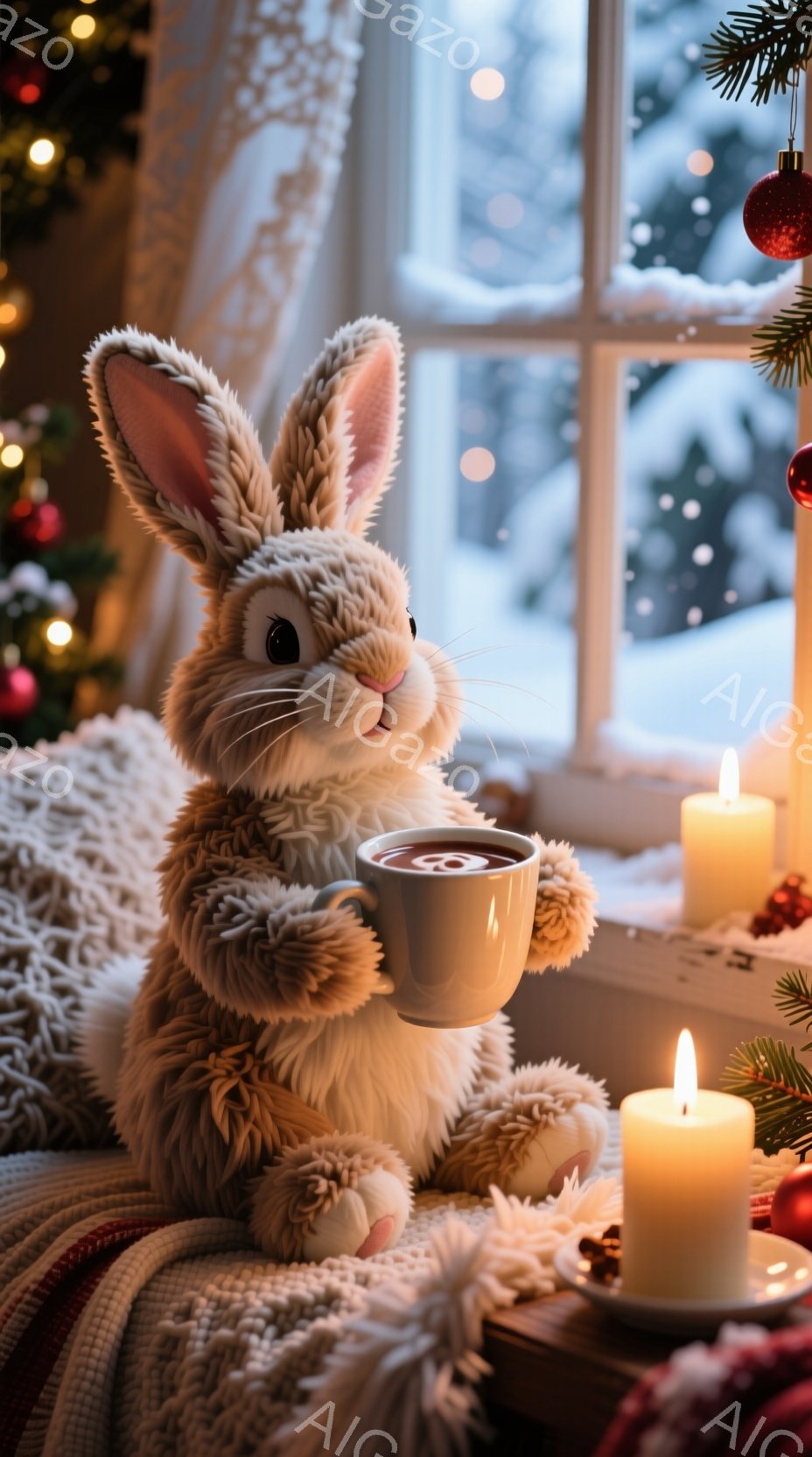 ふわふわの茶色のウサギのぬいぐるみは、温かい飲み物を入れたカップを両手で抱え、リラックスした表情をしています。背景には、雪が降る冬の風景が見える窓と、キャンドルやクリスマスツリーの飾りなどが置かれた暖 - AI生成フリー素材