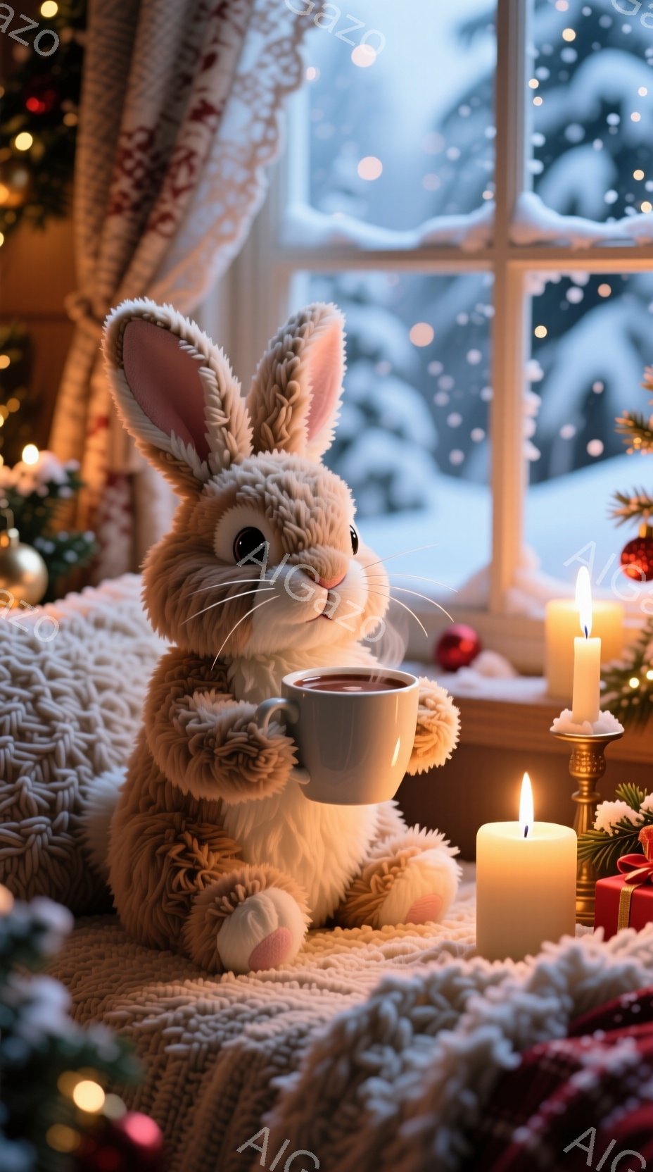 ふわふわの茶色のウサギが、温かい飲み物を入れたマグカップを両手で抱えています。ウサギは可愛らしい表情で、窓の外の雪景色を眺めています。背景にはクリスマスツリーの飾りや、キャンドルが灯されたギフトボックスが置かれ、暖かく穏やかな冬の雰囲気が漂っています。