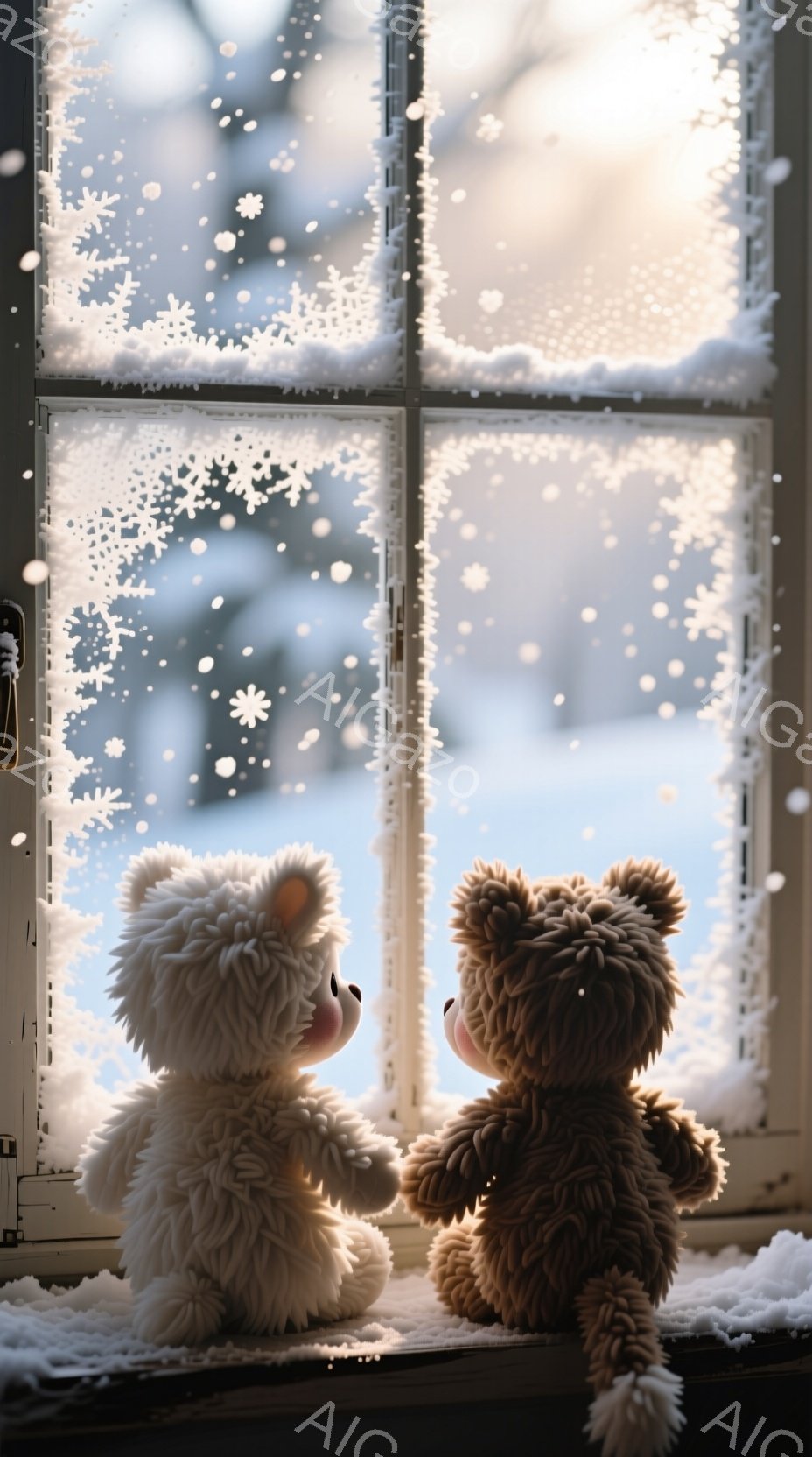 ふわふわのテディベアが二匹、雪の降る窓辺に並んで座っています。白いテディベアはピンクの頬を持ち、茶色のテディベアは少し暗い毛並みをしています。窓の外は雪景色で、暖かく穏やかな冬の雰囲気を醸し出していま - AI生成フリー素材