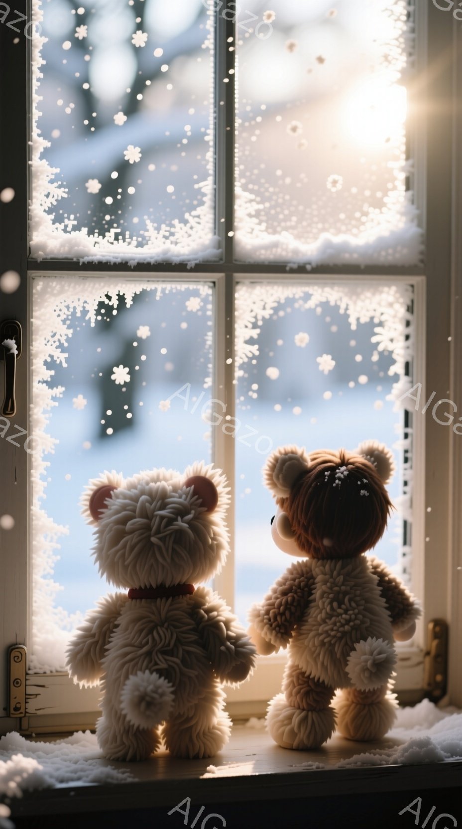 ふわふわのテディベアが二匹、雪景色を眺める窓辺に並んで立っています。ベアたちは白いポンポンが付いた帽子をかぶり、背中を向けており、表情は分かりません。窓の外は雪が降り積もり、木々が白く覆われており、冬の穏やかな雰囲気を醸し出しています。