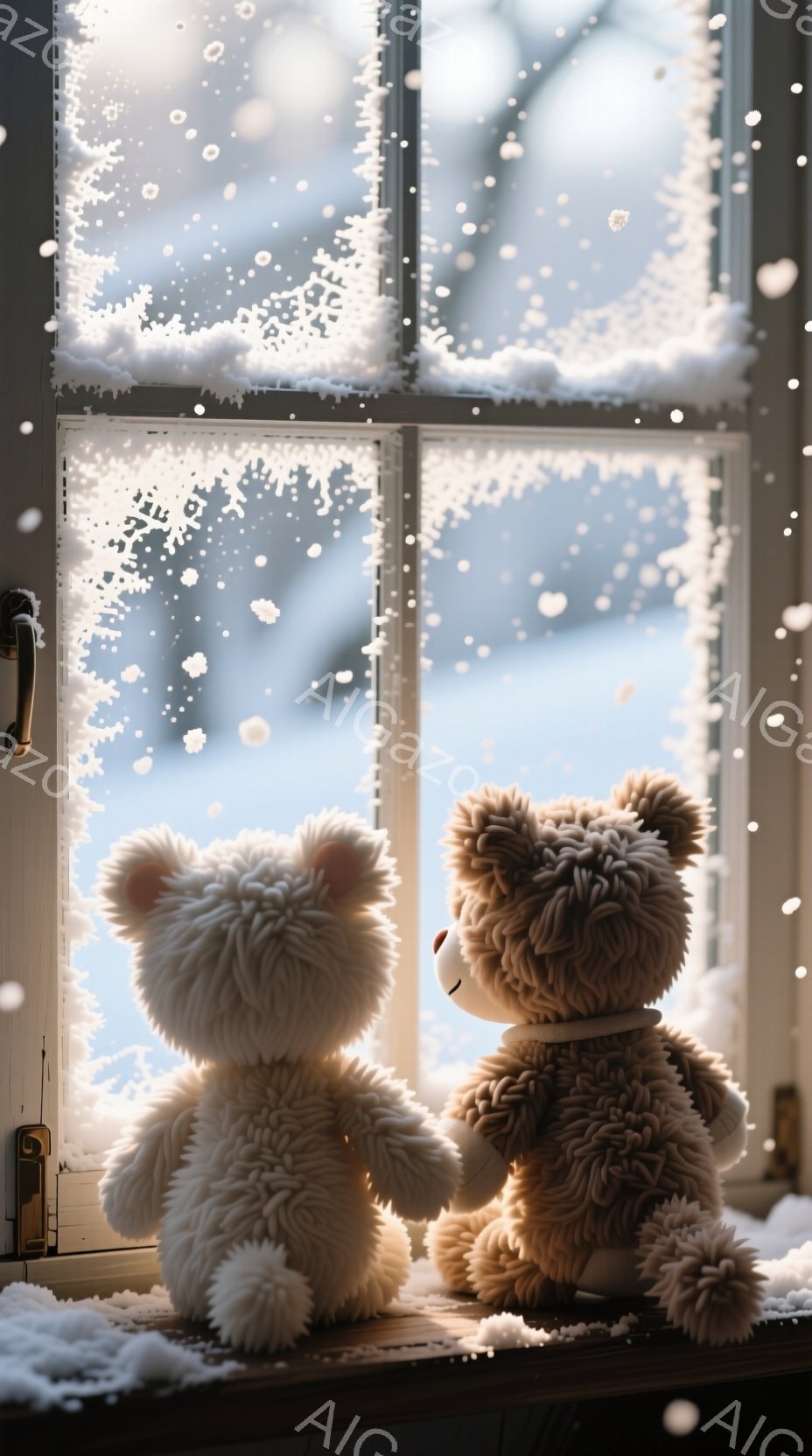 ふわふわとした茶色と白のテディベアが2匹、窓際に並んで座っています。窓の外は雪景色で、窓ガラスには霜が降り、冬の静けさが感じられます。ベアたちは背中合わせで、穏やかで温かい雰囲気を醸し出しています。 - AI生成フリー素材