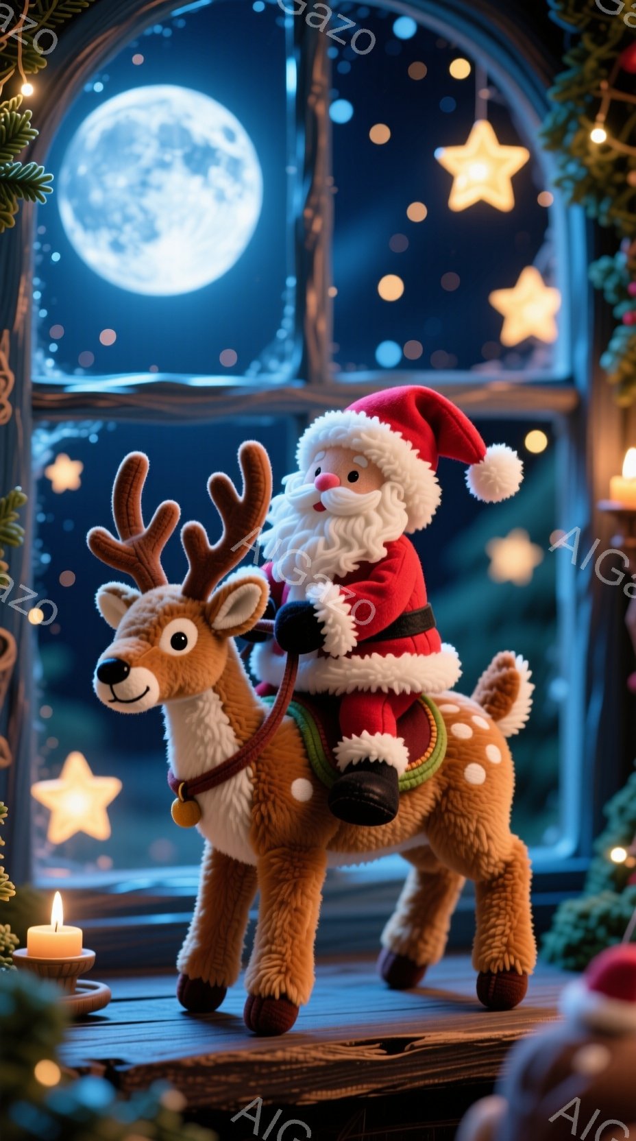 ぬいぐるみのトナカイに乗ったサンタクロースが描かれています。サンタは赤いスーツと帽子を身につけ、白いひげを蓄えて笑顔を浮かべています。背景には夜空と満月、星が輝き、クリスマスの飾り付けが施された暖かく - AI生成フリー素材
