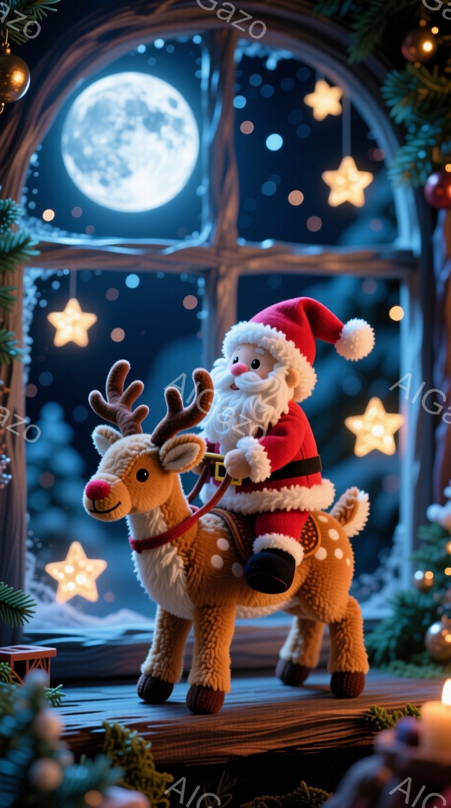 サンタクロースが、毛並みの柔らかそうなトナカイに乗って微笑んでいます。背景には、雪が降る夜空に輝く満月と、星形の光が飾られた窓枠が見えます。全体的に、暖かく幻想的なクリスマスの雰囲気が漂っています。 - AI生成フリー素材