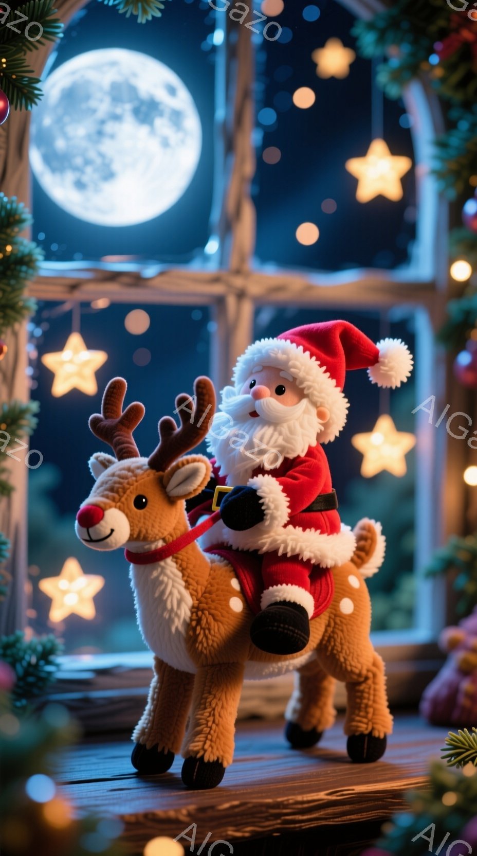 サンタクロースが、愛らしいトナカイのぬいぐるみの上に乗っています。サンタは赤い衣装を着て、白いひげを生やし、穏やかな笑顔を浮かべています。背景には、きらめく星と満月が輝く夜空が見え、暖かく幻想的なクリスマスの雰囲気を醸し出しています。