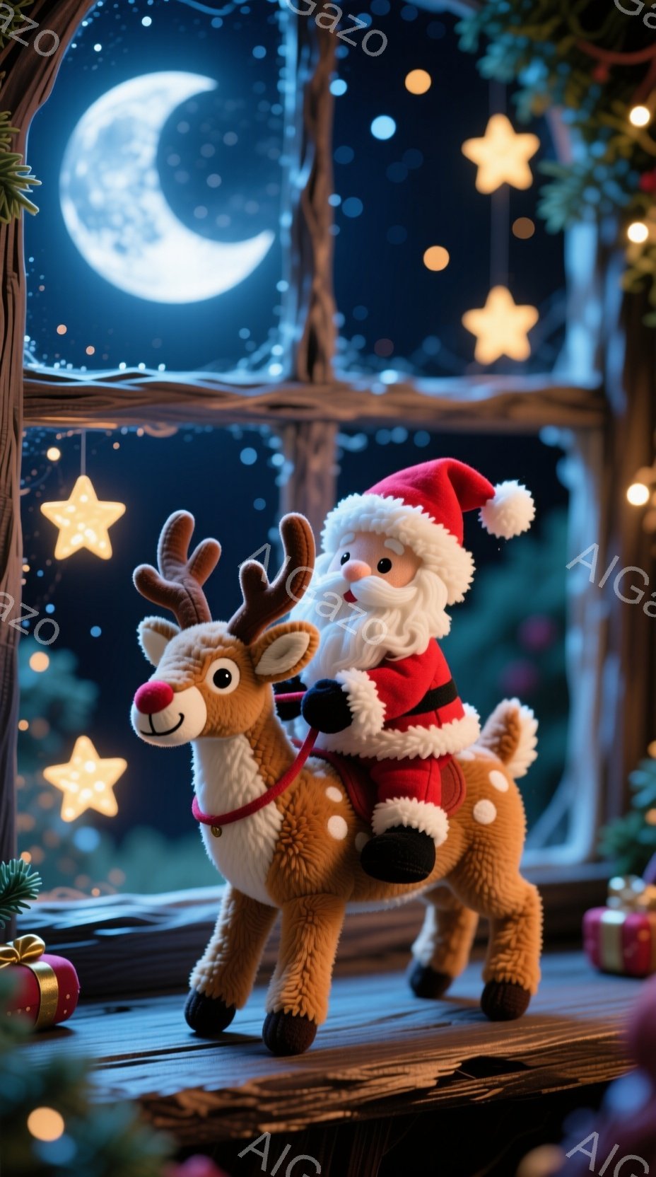 ぬいぐるみのサンタクロースが、茶色のトナカイに乗って描かれています。サンタは赤い衣装と白いひげ、笑顔で、トナカイは穏やかな表情で立っており、両者は窓辺に置かれています。背景には夜空と月、星が輝き、クリ - AI生成フリー素材