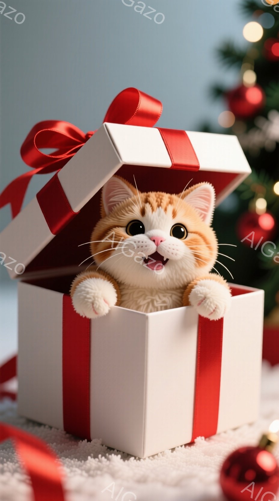 オレンジ色の毛並みの小さな子猫が、白いリボンで結ばれた箱の中から顔を出し、両手を広げて楽しそうに微笑んでいます。背景にはキラキラと輝くクリスマスツリーの飾りと白い毛布が見え、暖かく、お祝いムードに満ちた雰囲気が漂っています。全体的に、可愛らしくて幸せな瞬間を捉えた、心温まる画像です。