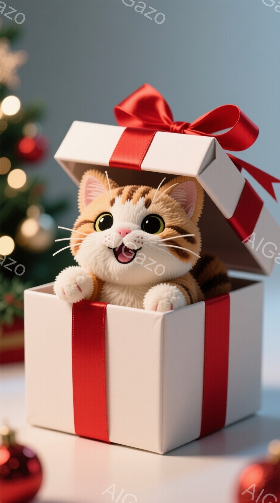 オレンジと白の縞模様の猫が白いギフトボックスの中に座っており、嬉しそうに片手を上げています。背景にはぼやけたクリスマスツリーと赤いオーナメントが見え、温かくお祝いムードを演出しています。明るい光と可愛らしい猫の表情が、全体的に楽しい雰囲気を醸し出しています。