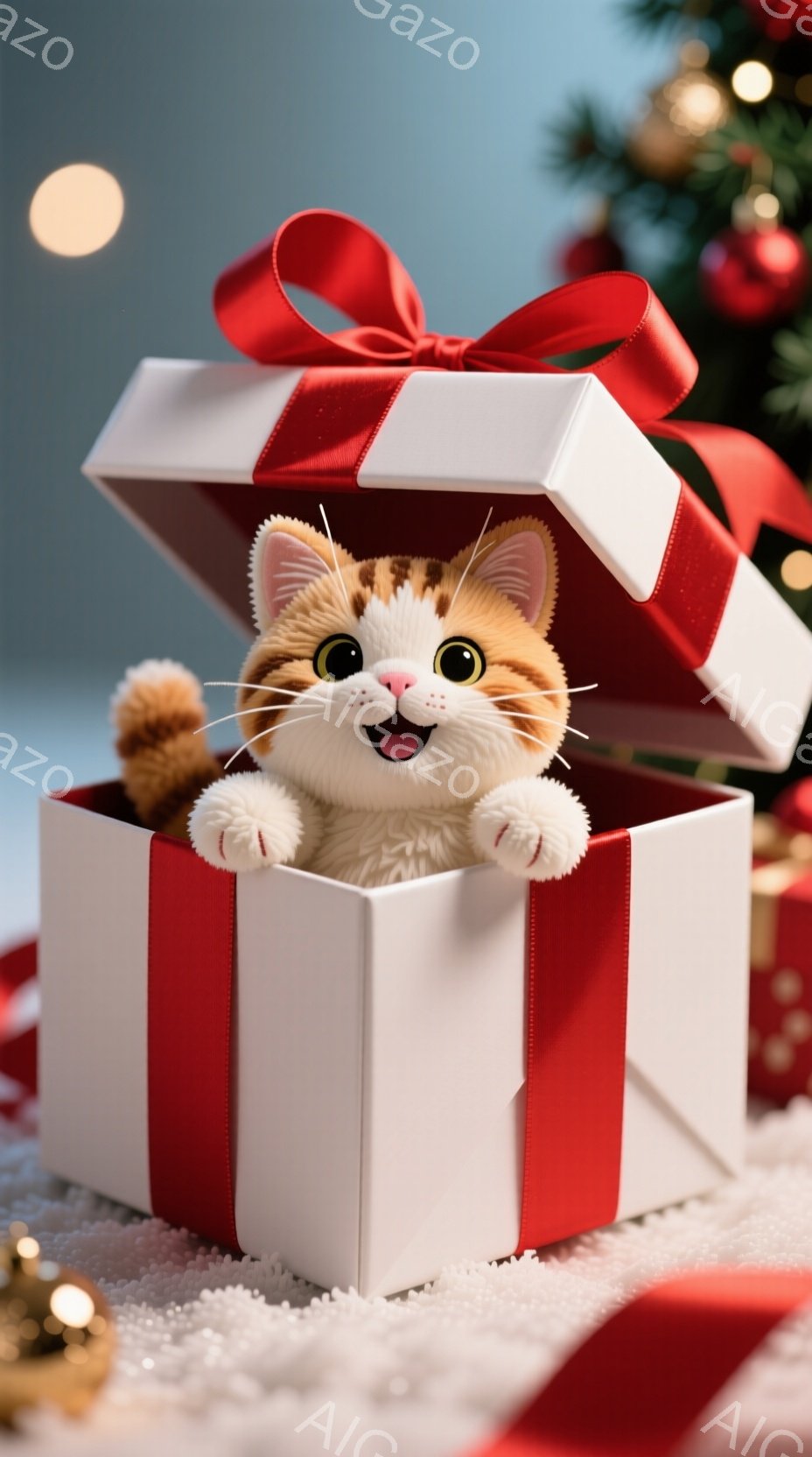 白いギフトボックスの中に、オレンジ色の縞模様の可愛い子猫が顔を出しています。子猫は両手を伸ばし、嬉しそうな笑顔を見せており、クリスマスの背景には緑色のクリスマスツリーとキラキラしたオーナメントが見えます。全体的に暖かく、遊び心のあるクリスマスの雰囲気が漂っています。