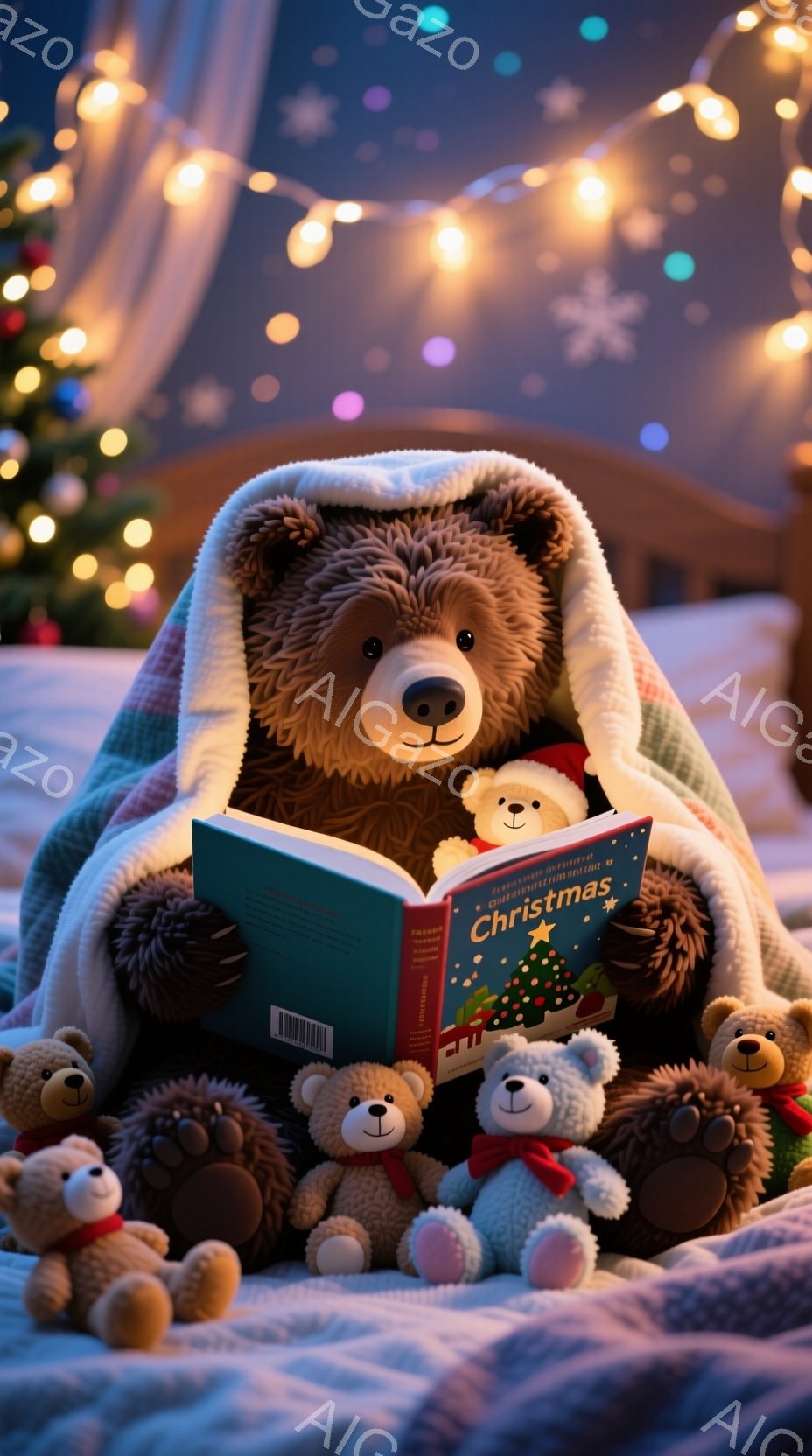 大きなテディベアが、クリスマスの絵本を小さなテディベアたちに見せてあげています。テディベアたちはクリーム色のベッドに座って絵本に夢中になっており、背景にはきらめくクリスマスツリーと暖かな光が広がっています。全体的に温かく、心安らぐクリスマスの雰囲気が漂っています。