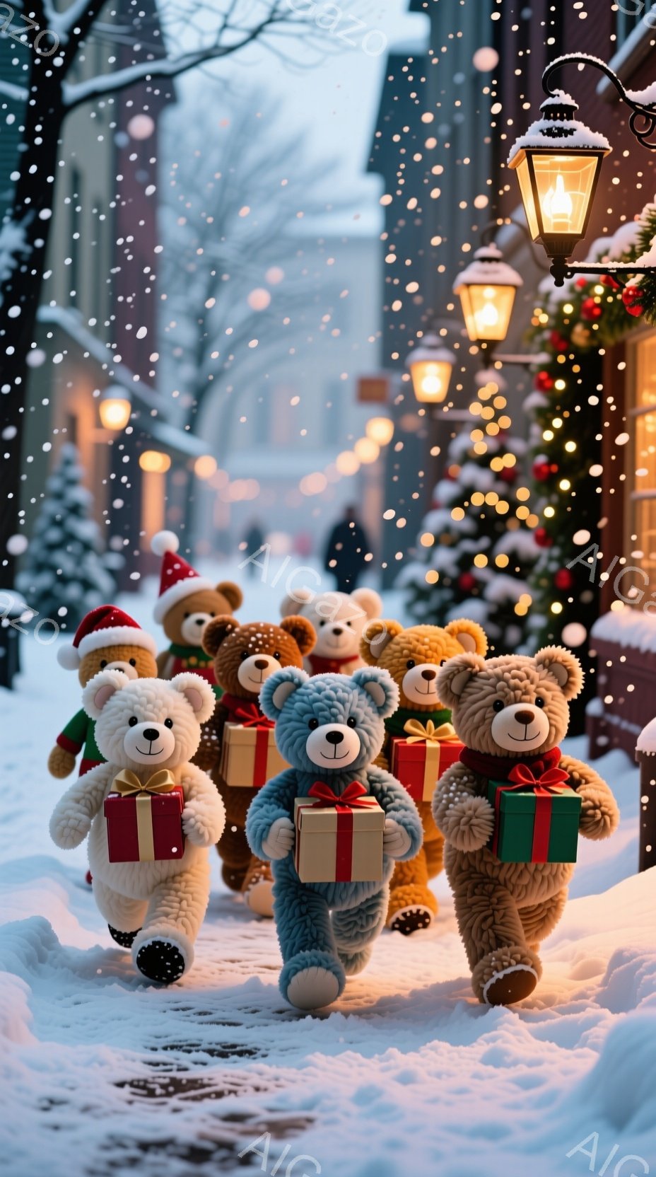 雪が降る街並みを、プレゼントの箱を抱えたテディベアたちが列をなして歩いている。彼らはそれぞれ異なる色の毛並みと表情を持ち、クリスマスらしい赤いサンタ帽を被った個体もいる。背景には、光り輝くイルミネーシ - AI生成フリー素材