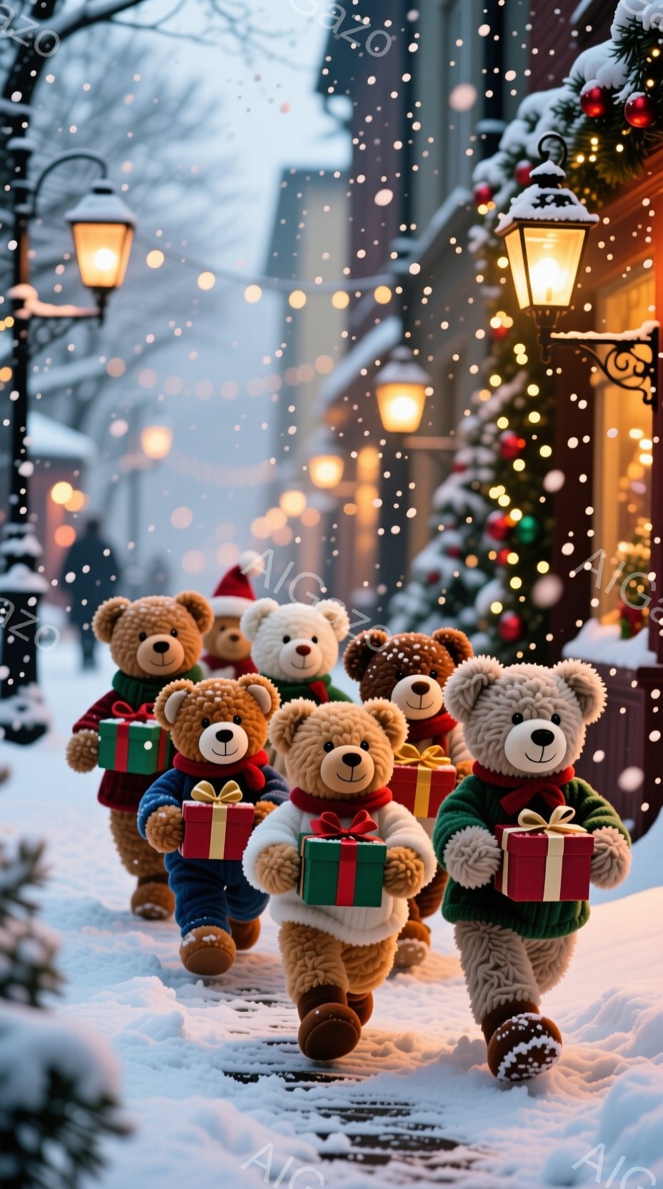 雪が降り積もる街並みを、プレゼントを抱えたテディベアたちが一列になって歩いています。各ベアはクリーム色のセーターやマフラーを身につけ、愛らしい表情を浮かべており、クリスマスの温かい雰囲気を醸し出してい - AI生成フリー素材