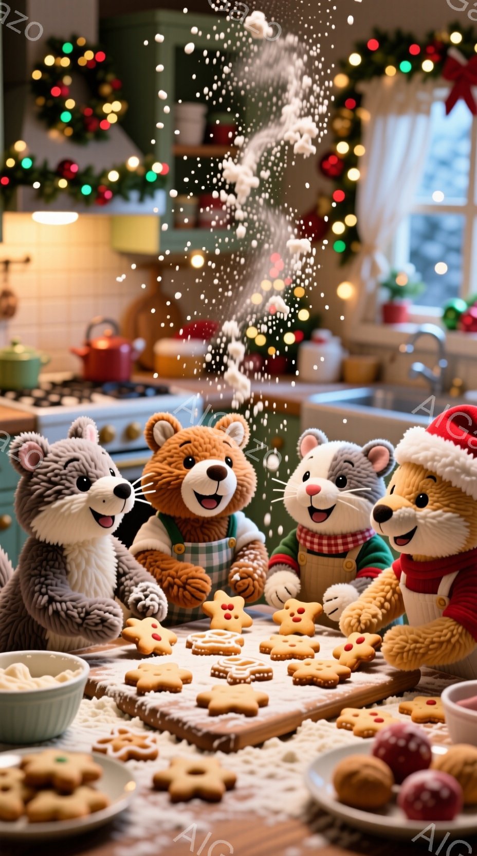 ぬいぐるみのようなクマのキャラクターが4匹、キッチンでクリスマスのお菓子作りを楽しんでいます。それぞれ緑や赤のセーターを着ており、粉をまぶしたテーブルの上には星やハートの形のクッキーが並んでいます。背 - AI生成フリー素材