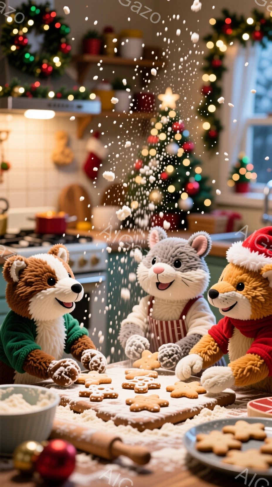 暖炉とクリスマスツリーが飾られたキッチンで、3匹の動物たちがクッキー作りを楽しんでいます。左の茶色の犬は緑色のセーターを着て、真ん中のグレーの猫はエプロンを付けていて、右のクマはサンタ帽を被っています - AI生成フリー素材