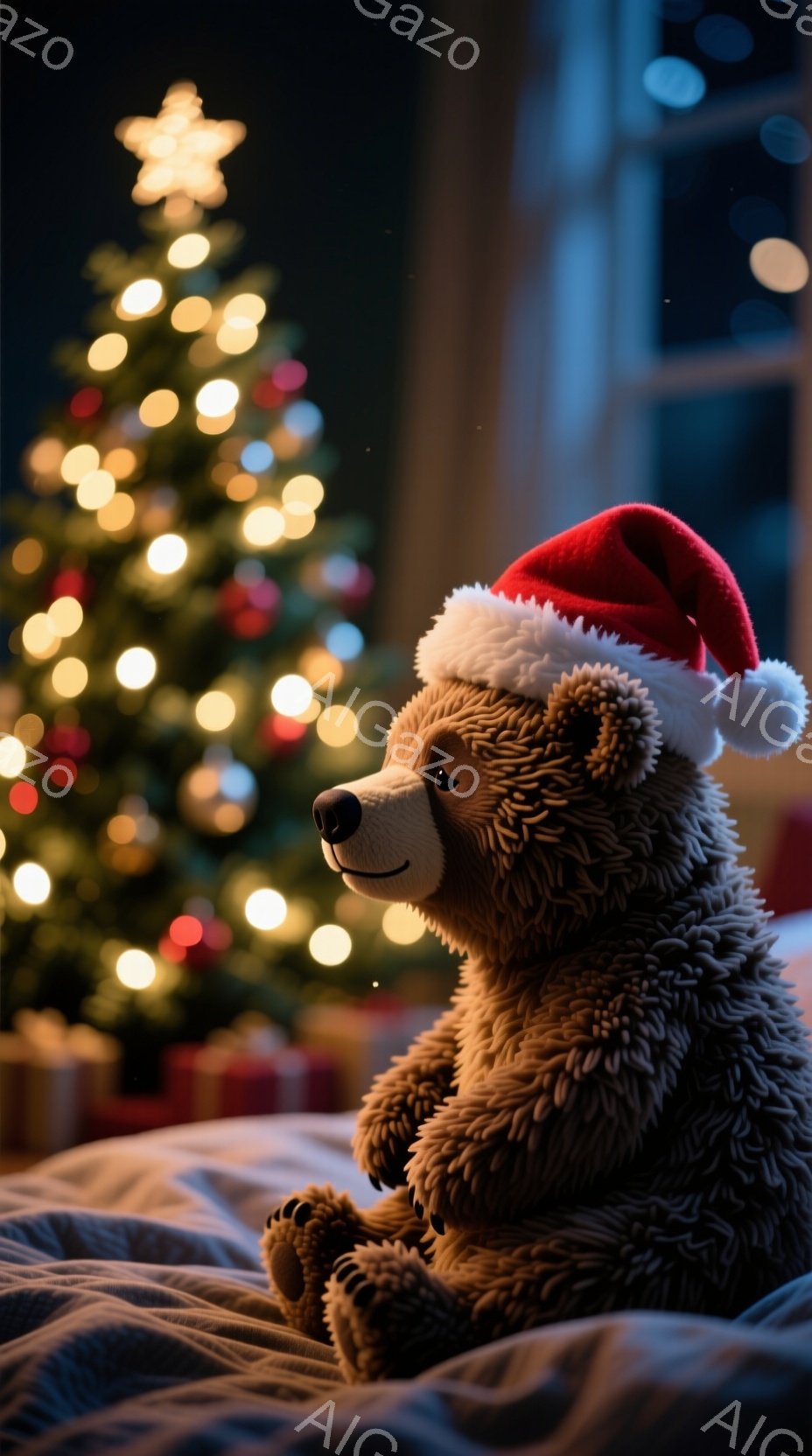 ぬいぐるみの茶色の熊が、赤いサンタ帽をかぶって白い毛布の上に座っています。背景には、ぼやけたクリスマスツリーの光が暖かく、お祝いの雰囲気を醸し出しています。全体的に、この画像は穏やかで、居心地の良い冬のシーンを描写しています。