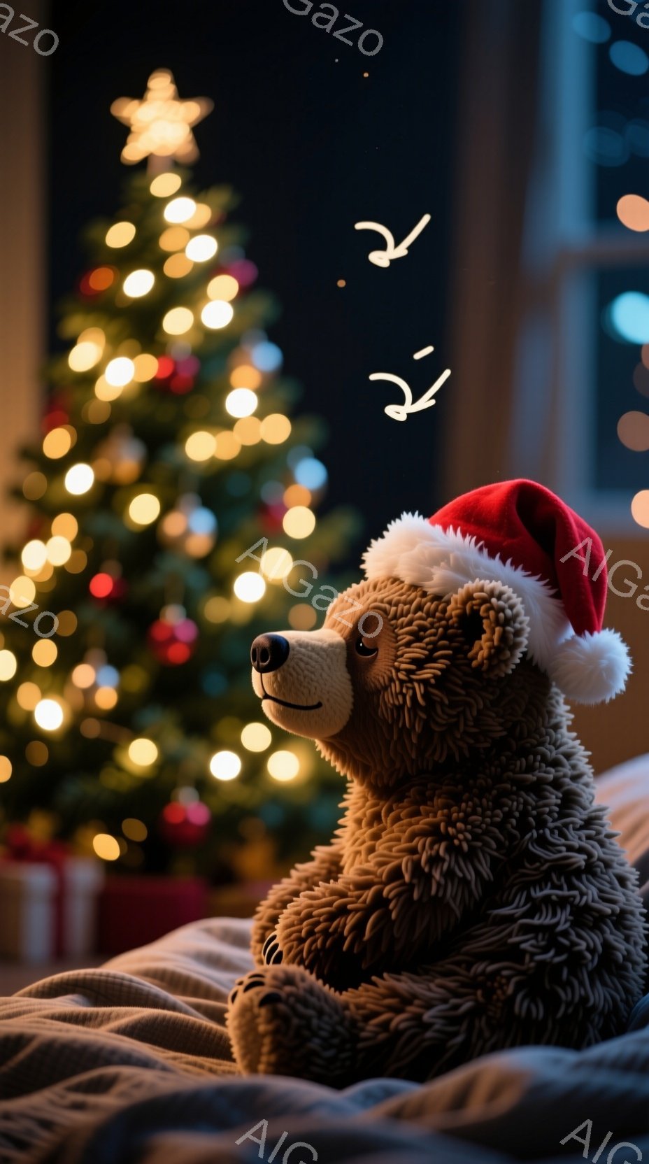 濃い茶色のテディベアが、赤いサンタの帽子をかぶって座っています。背景にはぼやけたクリスマスツリーの光が輝き、暖かく穏やかな雰囲気が漂っています。ベアは少し物憂げな表情をしており、静かで平和なクリスマス - AI生成フリー素材