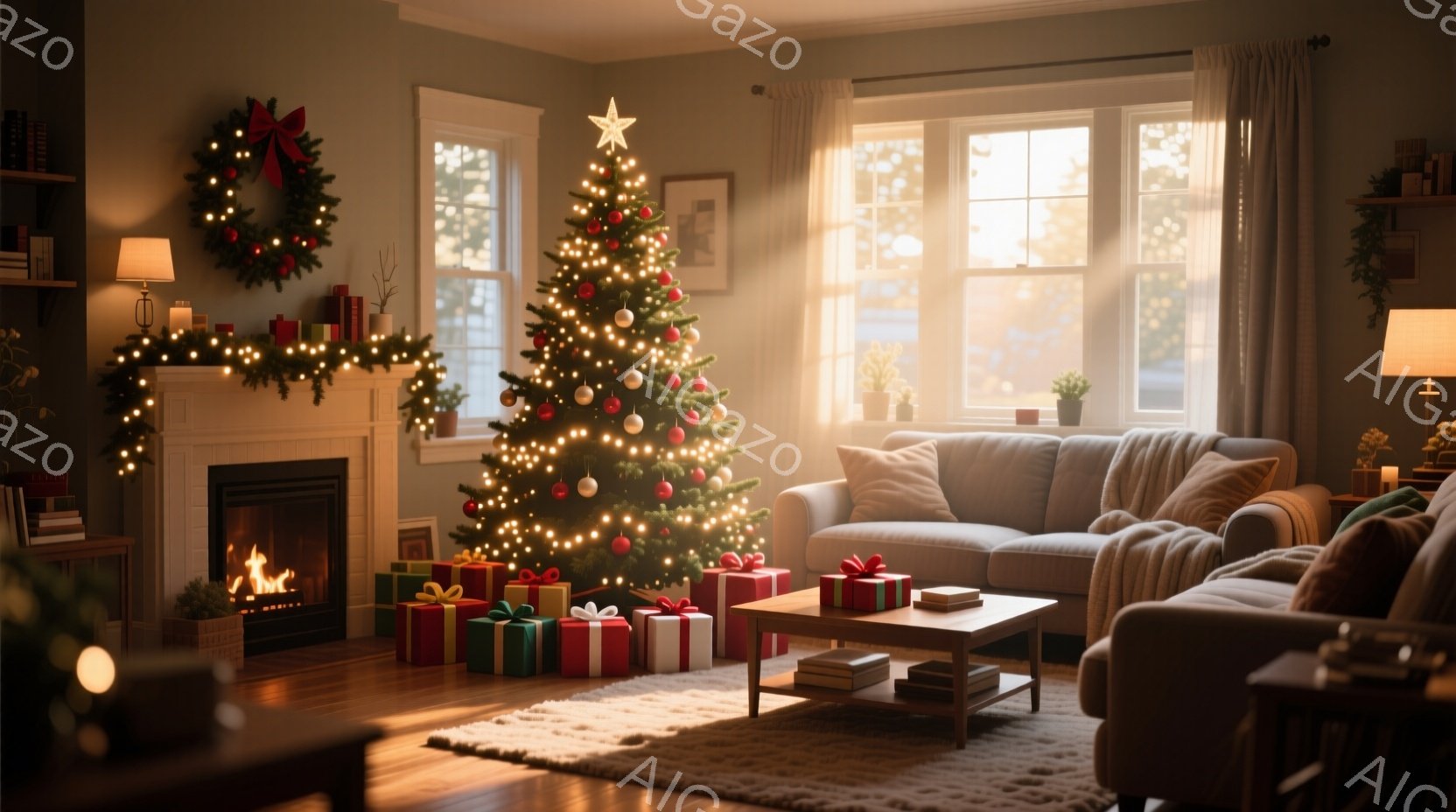 暖炉のそばに飾られたクリスマスツリーが中心に配置され、たくさんのプレゼントがその周りに置かれています。部屋は温かい光に満ちており、窓からは柔らかな光が差し込み、居心地の良い雰囲気を醸し出しています。暖 - AI生成フリー素材